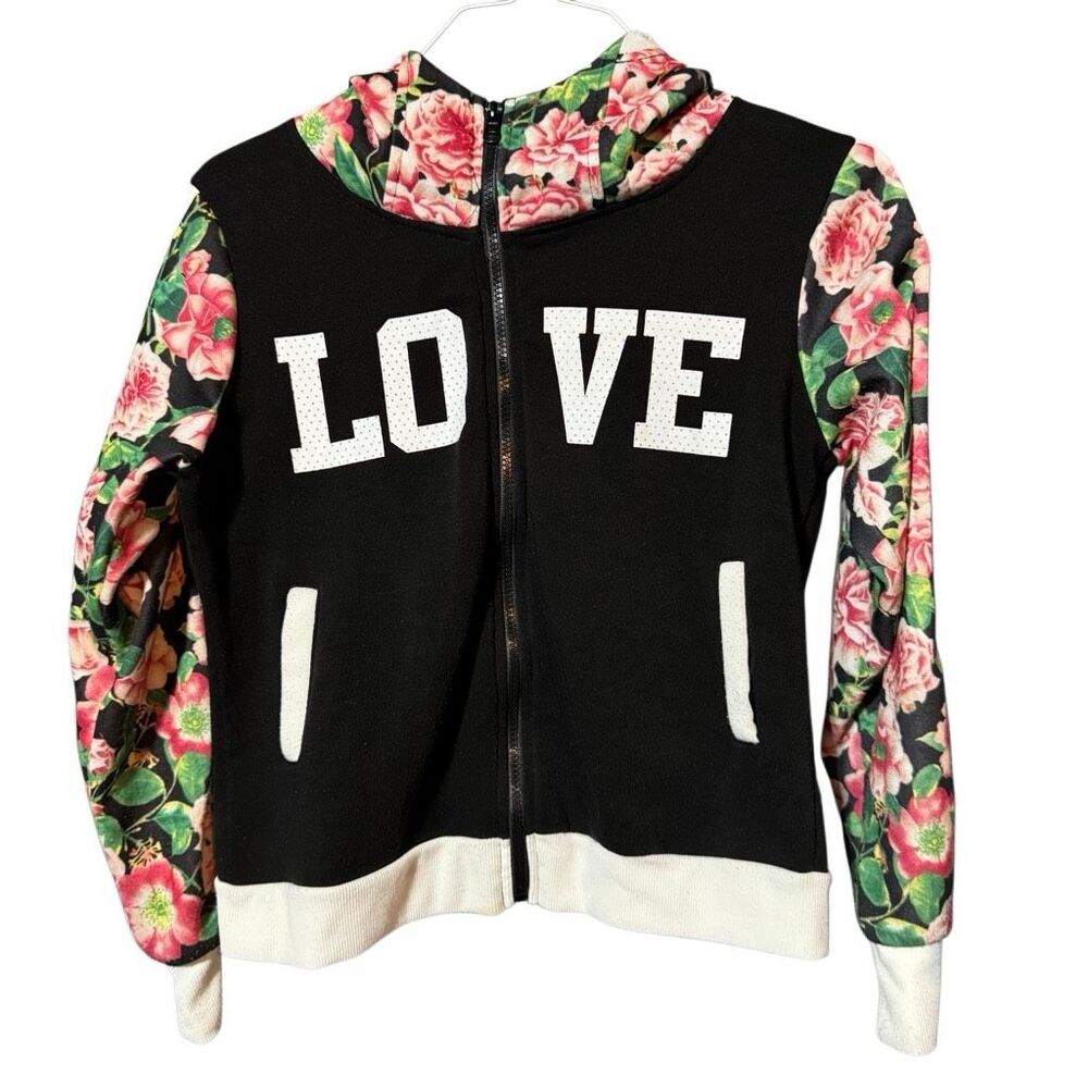 LOVE Black White Floral Racing Stripes Zip-Up Hoodie Girl’s Large